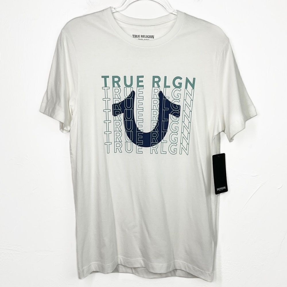 True Religion White Blue TR Repeat Tee T-Shirt Small NWT